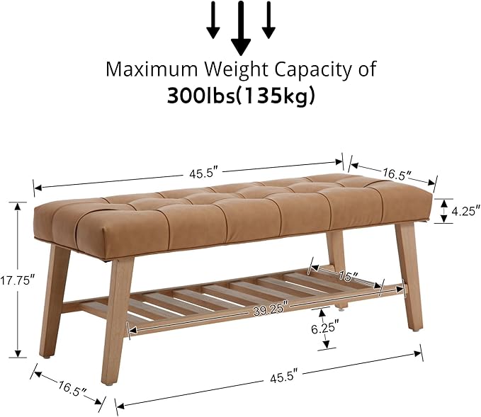 Entryway Shoe Bench Storage Benches with Upholstered Button Tufted Seat and Open Slatted Shelf PU Leather Ottoman Bench for Hallway Living Room Bedroom End of Bed, Brown-NeatNest