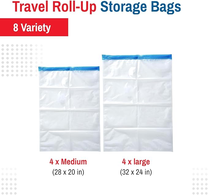 Spacesaver Roll Up Vacuum Storage Bags for Jackets, Suits, Dresses & Clothes – Sealed Compression Bags with Hand Pump – Space Saver Bags for Moving, Travel & Organization - Pack of 8