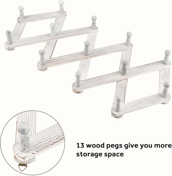 Homode Accordian Wall Hanger, Expandable Coat Rack Wall Mounted, Accordion Style Wood Hat Rack with 13 Peg Hooks for Hanging Coats, Hats, Mugs, Bags, Purses, Necklaces, Rustic White-NeatNest