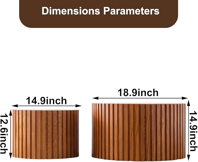 Nesting Coffee Table Set of 2 Wood Circle Drum Coffee Tables Set Contemporary Fluted Coffee Tables for Living Room & Small Space (Dark Wood Grain, 18.9+14.9in)