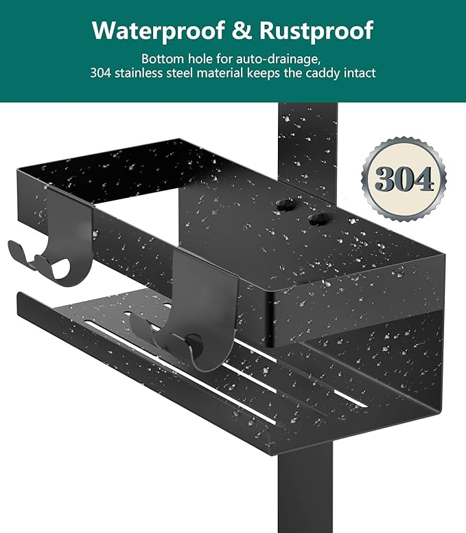 Over The Door Shower Caddy 2 Tier, 304 Stainless Steel Hanging Shower Caddy Rustproof Shower Shelves, No Drilling Hanging Shower Organizer for Bathroom Glass Door, Black