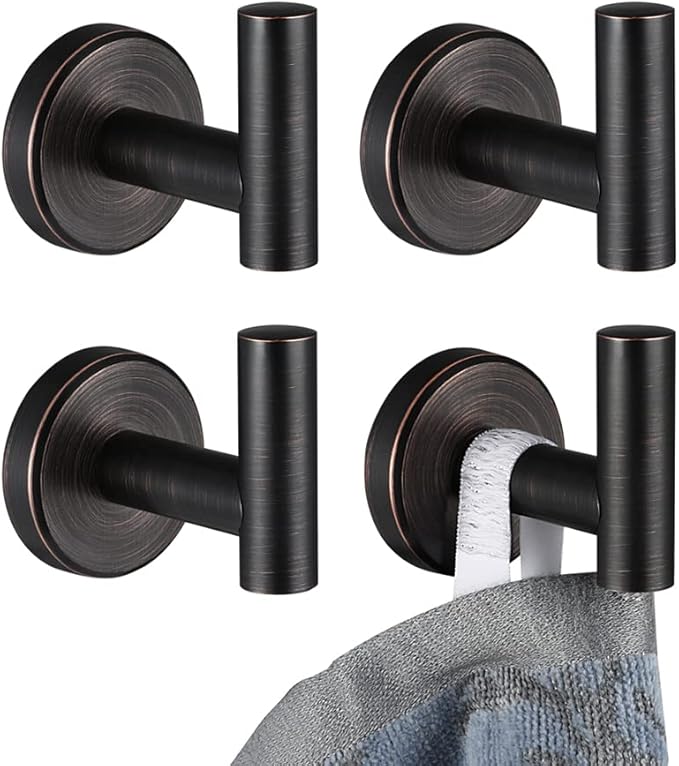 JQK Bathroom Towel Hook Oil Rubbed Bronze, 304 Stainless Steel 0.8mm Coat Robe Clothes Hook for Bathroom Kitchen Garage Wall Mounted (Pack of 4), TH100-ORB-P4-NeatNest