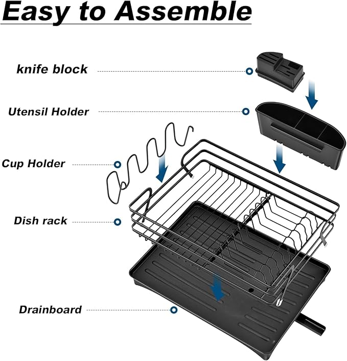 Dish Rack with Drain Board, Rustproof Dish Drying Rack for Kitchen Counter with Removable Utensils Holder, Dish Drainer with 360 Degree Swivel Spout