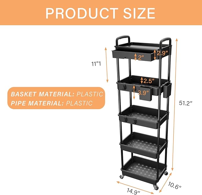 5 Tier Rolling Utility Cart with Drawer,REBECAT Utility Cart Made of Multifunctional Storage Organizer Tool for Kitchen,Bathroom,Living Room,Office(Black)-NeatNest