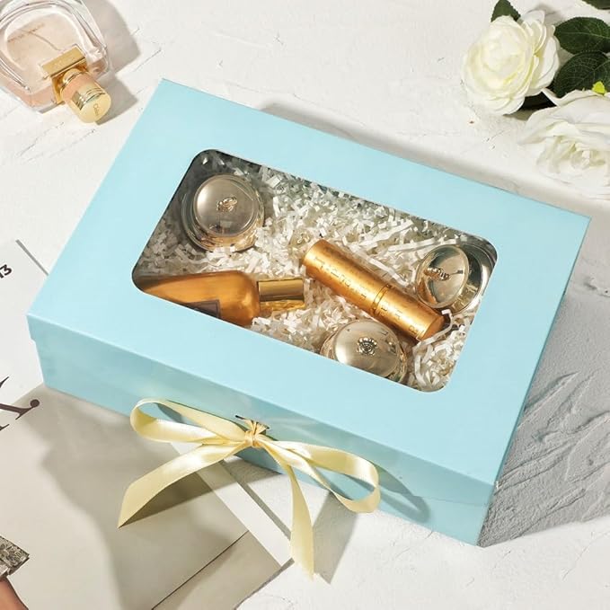 Blue Gift Box for Presents with Ribbon 10.8x7.5x3.5 Inches Clear Gift Box with Window Magnetic Closure Gift Boxes with Lids-NeatNest