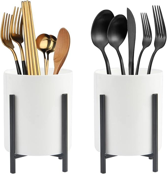 2 Pcs Silverware Holder for Countertop, Kitchen Spoon and Fork Holder, Utensil Caddy Countertop Utensil holder, Ceramic Cutlery Holder Robust Silverware Caddy with Black Metal Frame-NeatNest