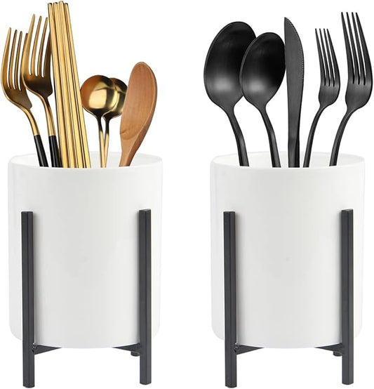 2 Pcs Silverware Holder for Countertop, Kitchen Spoon and Fork Holder, Utensil Caddy Countertop Utensil holder, Ceramic Cutlery Holder Robust Silverware Caddy with Black Metal Frame-NeatNest
