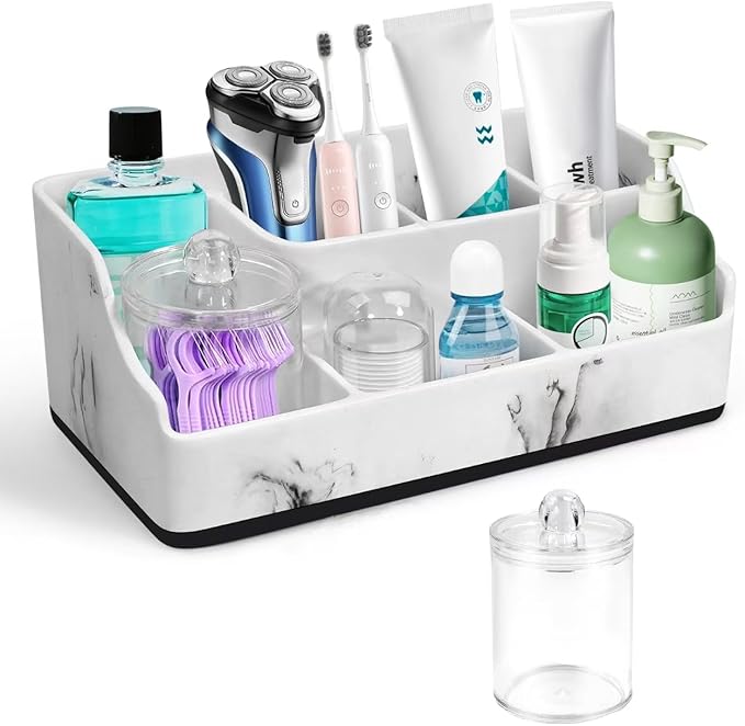 Marble Toothbrush Holder for Bathroom Organizer Countertop, Toothbrush Organizer with Qtip Holder Dispenser, White Toothbrush and Toothpaste Holder for Bathroom Counter Organization Storage Vanity
