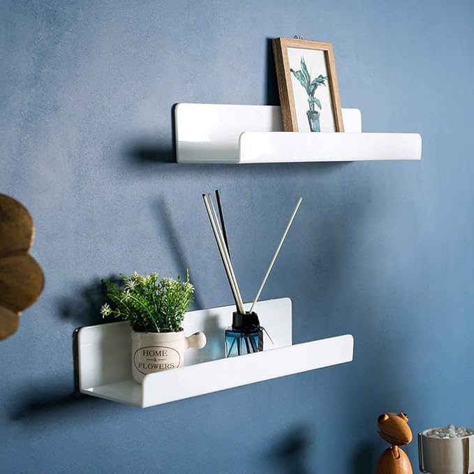 IEEK 15 Inch White Floating Wall Shelf, Modern Picture Display Ledge and Book Shelves for Kids Room, Living Room/Office, Set of 3-NeatNest