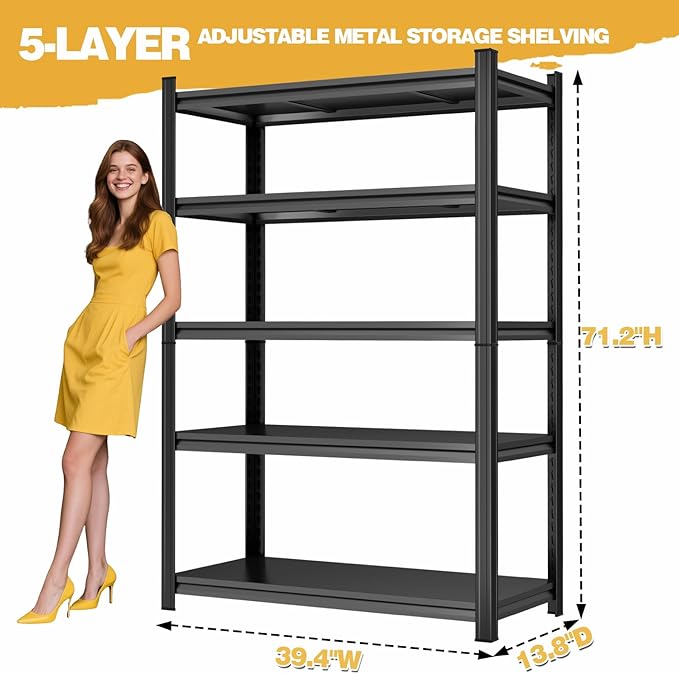 72" H Metal Garage Shelving Unit 3500LBS Metal Storage Shelves 5 Tier Adjustable Shelving Unit Garage Shelves for Kitchen Warehouse Pantry Basement, 71.2" H x 39.4" W x 13.8" D, Black