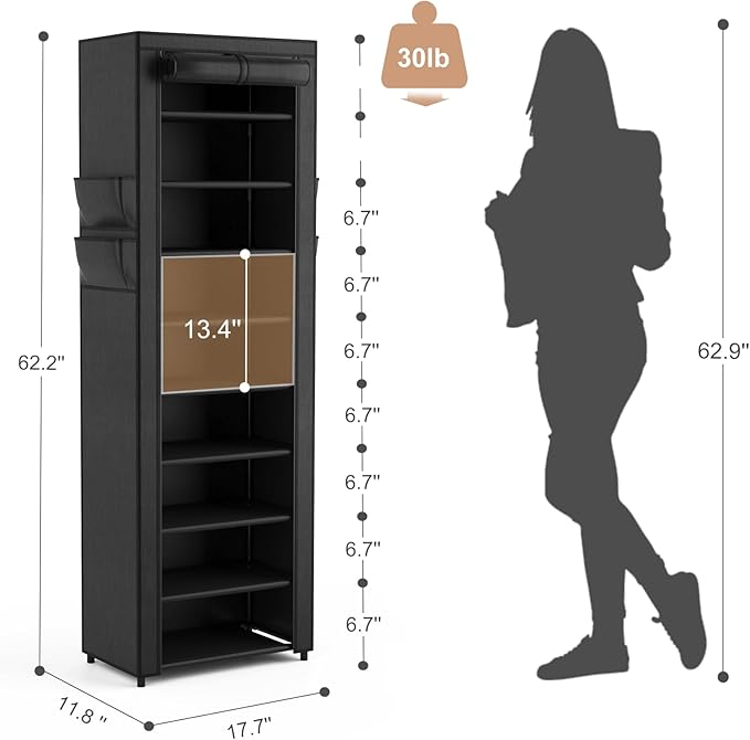 Shoe Rack with Cover Narrow Shoe Organizer with 4 Side Pockets 10 Tier Tall Shoe Storage Holds 18-22 Pairs Shoes and Boots Shoe Rack for Closet Entryway Garage-NeatNest