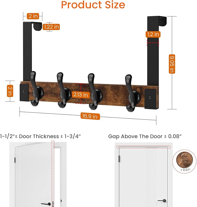 Homode Over The Door Hooks Heavy Duty, Wood Over Door Hanger Hook with Coat Hooks for Hanging Towels, Clothes, Hats, Bags - Rustic Brown Black