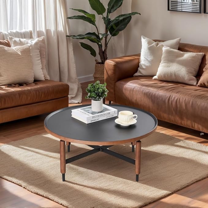 LukeAlon Modern Round Coffee Table Circle Wooden Table Top with Black Cross Legs Base, Rustic, Vintage, Living Room Easy Assembly, Black(31" D x 31" W x 13.5" H)