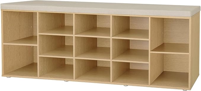 DINZI LVJ Shoe Storage Bench with Cushion, 13-Cubby Shoe Rack, Adjustable Shelves, Multifunctional Shoe Organizer Bench for Entryway, Mudroom, Hallway, Living Room, Bedroom and Garage, Natural-NeatNest
