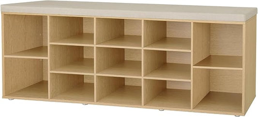 DINZI LVJ Shoe Storage Bench with Cushion, 13-Cubby Shoe Rack, Adjustable Shelves, Multifunctional Shoe Organizer Bench for Entryway, Mudroom, Hallway, Living Room, Bedroom and Garage, Natural-NeatNest