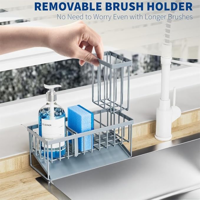 Cisily Sink Caddy Organzier with High Brush Holder, Sponge Holder for Sink, 304 Rustproof Stainless, Kitchen Countertop Soap Dispenser Organizer, Gray Blue Kitchen Decor and Accessories-NeatNest