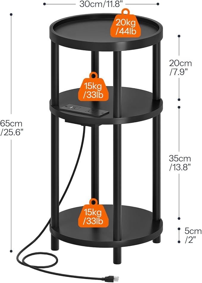 HOOBRO Set of 2 Small Round Side Tables with Charging Station, 3-Tier Round Bamboo End Tables, Easy Assembly, for Living Room, Bedroom, Apartment, Black BB152UBZP201