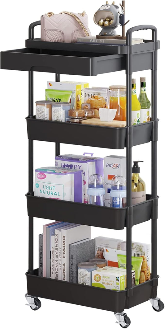 Calmootey 4-Tier Rolling Utility Cart with Drawer,Multifunctional Storage Organizer with Plastic Shelf & Metal Wheel,Storage Cart for Kitchen,Bathroom,Living Room,Office,Black-NeatNest