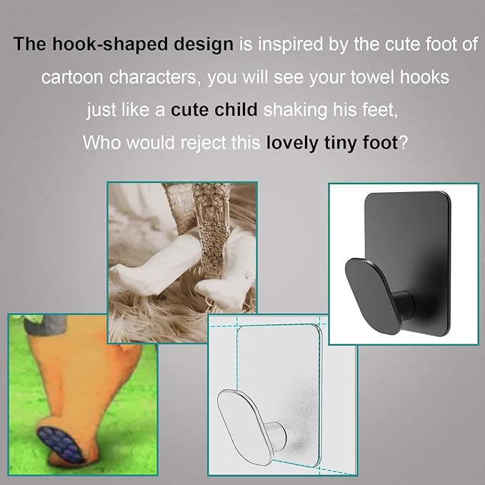 DELITON Adhesive Hooks - 4 Pack Towel/Coat Hooks Wall Hook Stick on Bathroom or Kitchen (Matte Black, Stainless Steel)-NeatNest