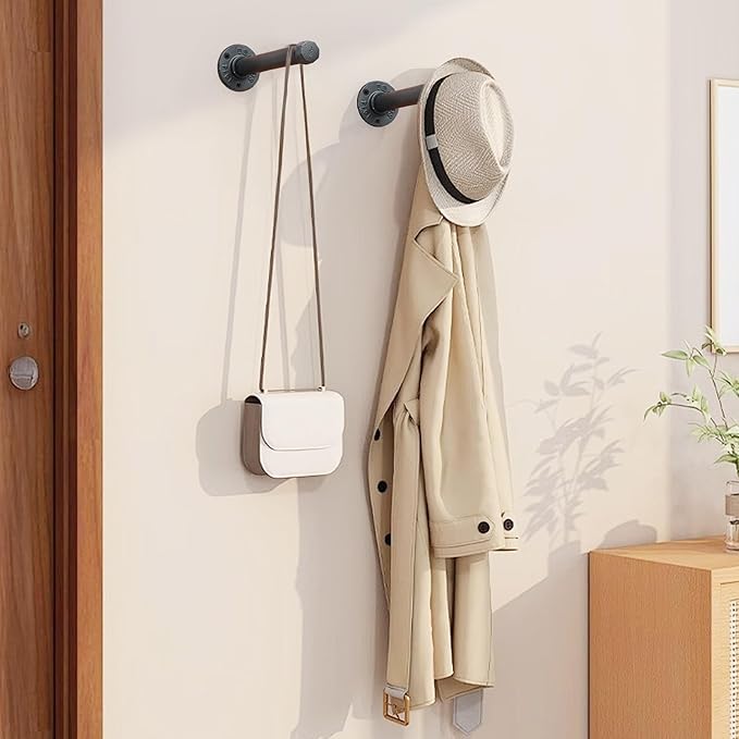 Cast Iron Wall Mounted Clothes Rack, Heavy Duty Industrial Pipe Clothing Rack for Hanging Clothes, Garment Racks for Wardrobe Organizers and Storage, DIY Closet Rods Closet Bar (Black 2 Pack, 12 in)-NeatNest