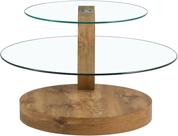 Glass Coffee Tables for Living Room Round Coffee Tables Modern Double Layer Round Table Circle Coffee Table for Small Space Home Office (42 Inch Dark Wood)