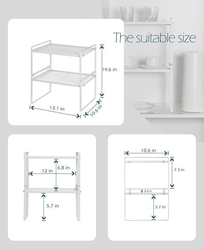 2Pack Kitchen Cabinet Shelf Counter Organizer Rack Pantry Storage Bathroom Bedroom Office Table Desk Space Saving Stackable Rust Resistant Non Slip White Wide L13.1in W10.6in H7.3in-NeatNest