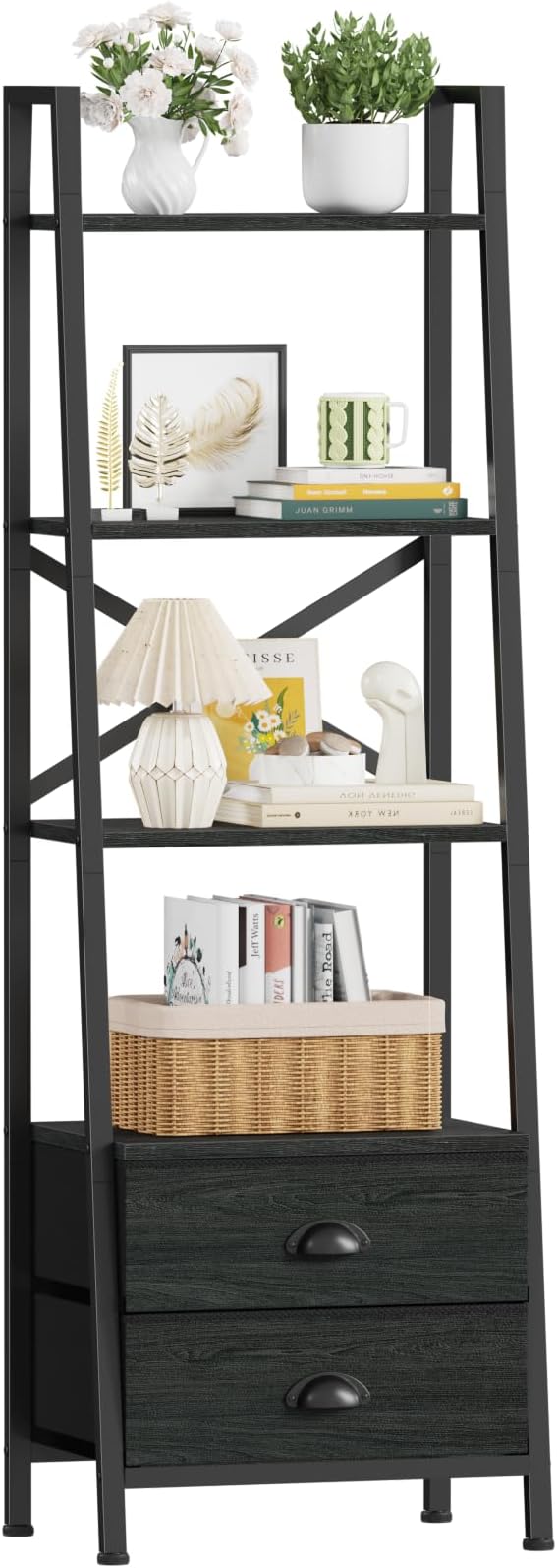 Furologee 4-Tier Ladder Shelf,Small Bookshelf with 2 Drawers,Vertical Bookcase Storage Rack Organizer,Rustic Bookshelves for Living Room,Bedroom,Bathroom,Home Office,Kitchen,Rustic Brown,Black Oak