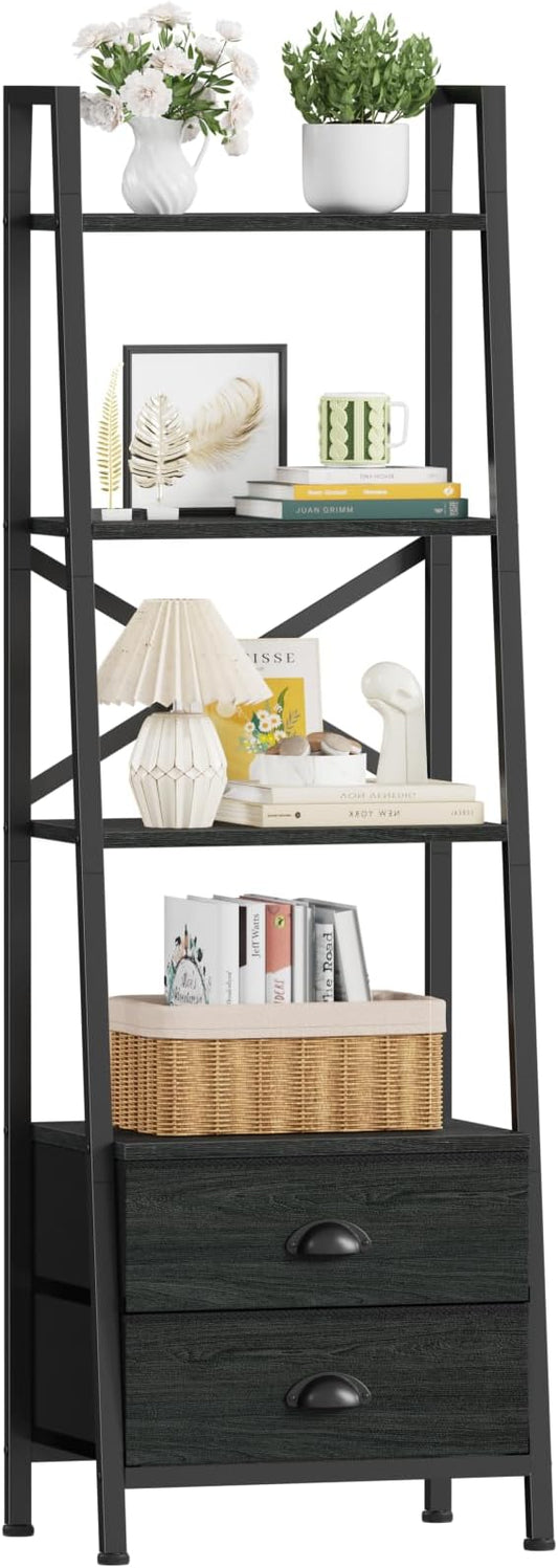 Furologee 4-Tier Ladder Shelf,Small Bookshelf with 2 Drawers,Vertical Bookcase Storage Rack Organizer,Rustic Bookshelves for Living Room,Bedroom,Bathroom,Home Office,Kitchen,Rustic Brown,Black Oak