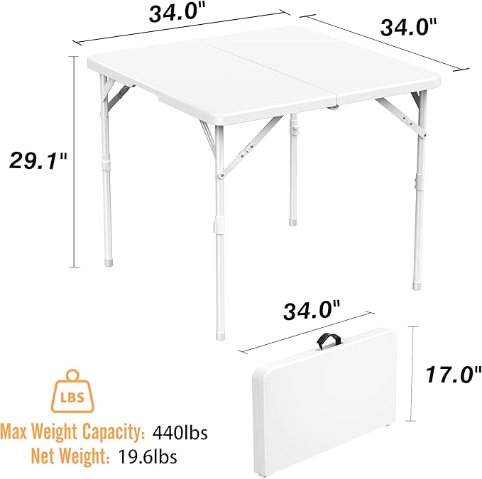 Allpop 34'' Square Folding Card Table, Fold-in-Half Portable Plastic Dining Table with Carry Handle & 2 Heights for Picnic Party Commercial Events, White-NeatNest