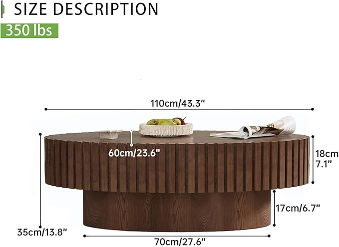 Handmade Oval Grooved Drum-Shaped Coffee Table、Rustic Modern Circular Centerpiece for Living Room & Farmhouse Decor、Easy to Clean (C Walnut 43in)