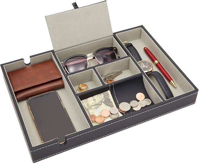 Juvale Leather Valet Catchall Tray for Men with 6 Compartments - Bedside Nightstand Organizer for Phones (Black) - Valet Tray-NeatNest