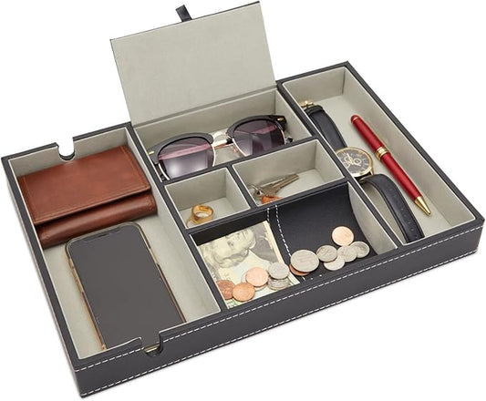 Juvale Leather Valet Catchall Tray for Men with 6 Compartments - Bedside Nightstand Organizer for Phones (Black) - Valet Tray-NeatNest