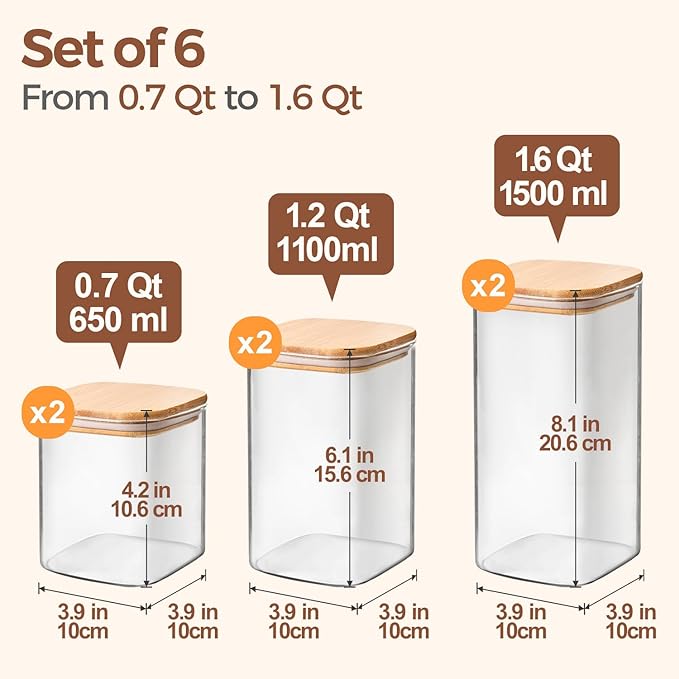 ComSaf Airtight Glass Storage Canister with Lids (0.7Qt/1.2Qt/1.6Qt) Set of 6, Food Storage Container Kitchen Pantry Storage Jar, Glass Jars for Flour Cereal Sugar Tea Coffee Beans Snacks, Square-NeatNest
