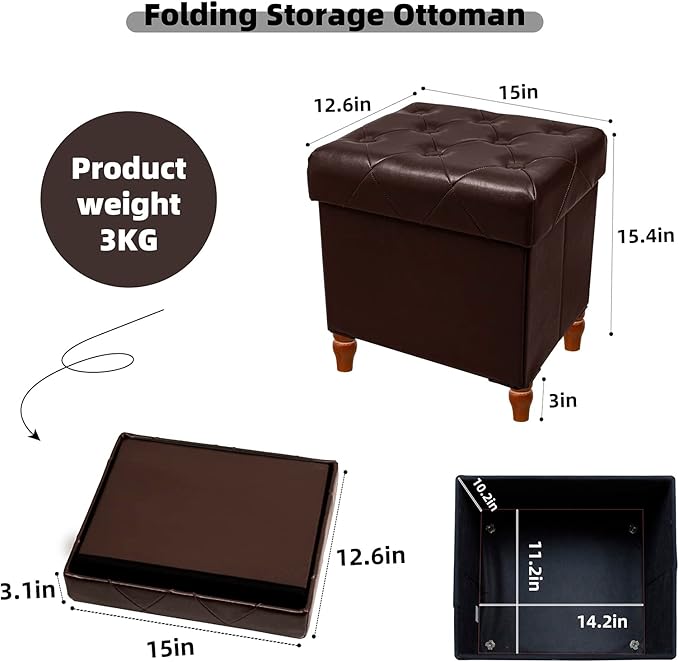 CAROLMADE Folding Storage Ottoman Cube PU Leather Footstool with Wood Legs Ottoman Footrest for Living Room and Bedroom Brown, 15x12.6 x 15.4”-NeatNest