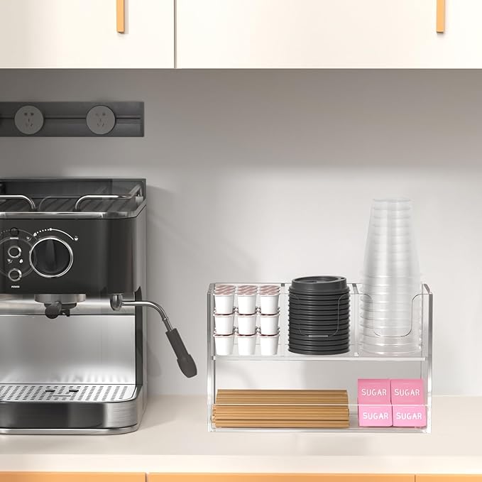 Coffee Condiment and Cup Organizer - 2-Tier Upright Cup and Lid Holder with Straw Organizer 4 Compartments Clear Acrylic Cup Dispenser for Restaurant Breakroom Coffee Station Countertop-NeatNest