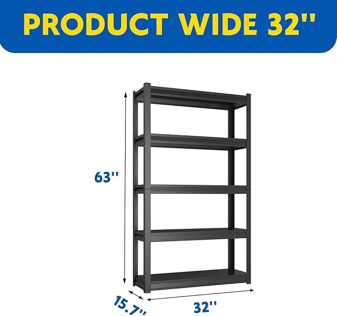 63''H Garage Shelving Heavy Duty, 2800LBS Storage Shelves, 5-Tier Adjustable Metal Shelve Storage Shelf Rack, Industrial Shelving Unit for Garage, Warehouse, Basement (32" W x 15.7" D x 63" H)-NeatNest
