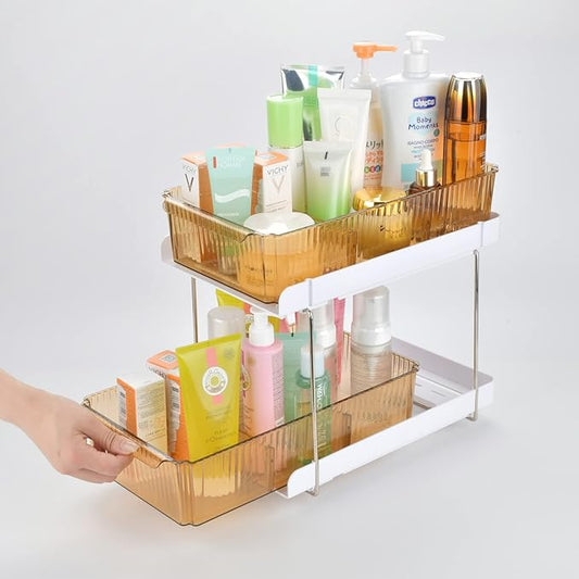 Bathroom Kitchen Storage Organizer 2 Tier Under the Sink Organizer Baskets Vanity Countertop Container Cabinet Drawers Bins Pull-Out Organization with Sliding Drawers for Cabinet, Pantry and Desktop-NeatNest