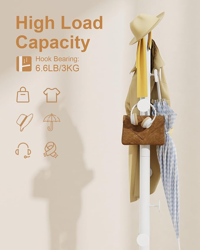 Coat Rack Freestanding, Small Standing Coat Tree with Heavy Rock Slab Base, Modern Metal Coat Hanger Stand with 8 Hooks, Garment Rack, 11.8 x 11.8 x 68.9 In, White, GYJ002W-NeatNest