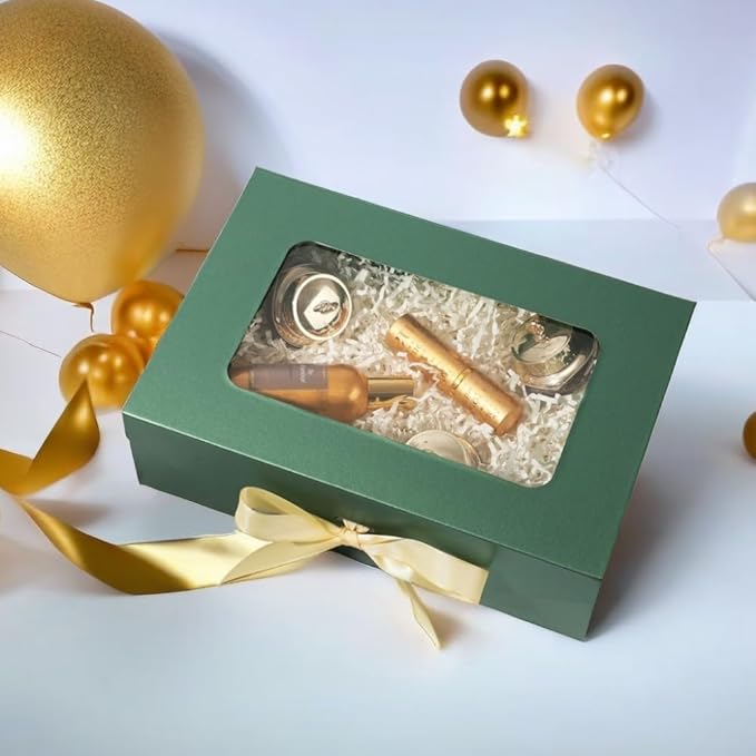 Green Gift Box for Presents with Ribbon 10.8x7.5x3.5 Inches Clear Gift Box with Window Magnetic Closure Gift Boxes with Lids-NeatNest