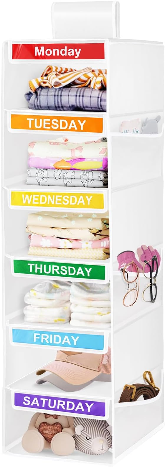 6-Shelf Weekly Closet Hanging Organizer for Kids, 6-Grid Days of the Week Baby Kids Clothing Organizer Monday through Saturday, Foldable Oxford Cloth Closet Clothes Weekday Storage (White)-NeatNest