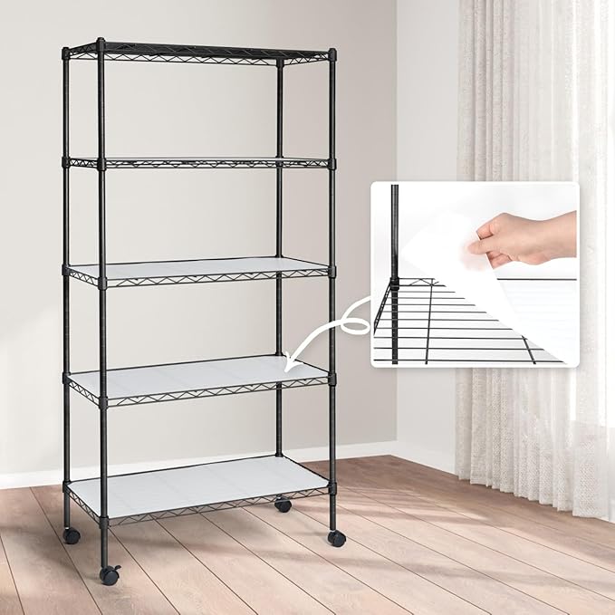 CAPHAUS NSF Adjustable Shelves Metal Wire Shelving Unit w/Liners, Kitchen Storage Shelving, Metal Steel Storage Shelving, Garage Shelving Storage Organizer, Utility Shelf, 5-Tier W/Wheels, Black-NeatNest