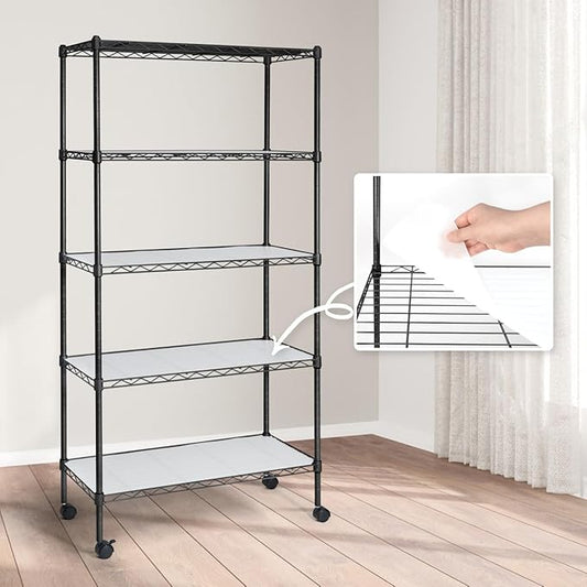 CAPHAUS NSF Adjustable Shelves Metal Wire Shelving Unit w/Liners, Kitchen Storage Shelving, Metal Steel Storage Shelving, Garage Shelving Storage Organizer, Utility Shelf, 5-Tier W/Wheels, Black-NeatNest