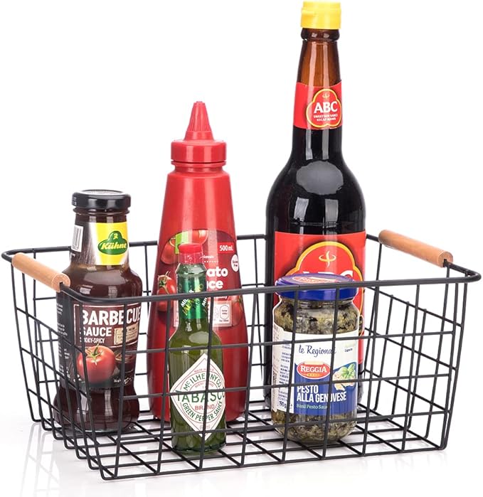 Metal Wire Food Storage Basket Organizer with Wooden Handles for Organizing Kitchen Cabinets, 4 Packs-Black-NeatNest