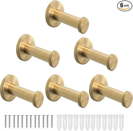 Bath Towel Hooks, 6 Pack Round Coat Hooks, Sturdy Wall Mounted Robe Hook, SUS 304 Stainless Steel Heavy Duty Clothes Hanger, Wall Towel Hooks for Bathroom Bedroom Kitchen (3 in, Gold)