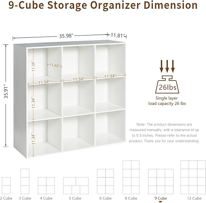 Wooden 9-Cube Storage Organizer with Closed Back Panel, 11in Cube Shelf Opening, Bookshelf, Display Shelf,Closet Cabinet for Home and Office,Embossed White