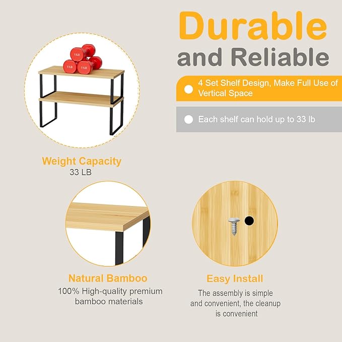 Cabinet Shelf Organizers, 15.7 inches Large Kitchen Counter Shelf, Set of 4 Wood Kitchen Pantry Organizer, Storage Shelves for Countertop, Spice Rack, Stackable, Expandable, Metal Black, Nature-NeatNest