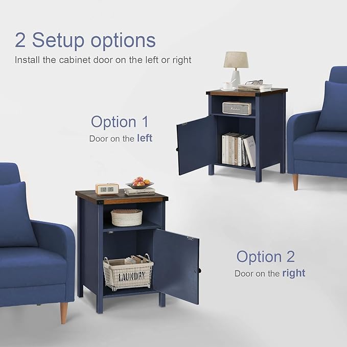 Catrimown Farmhouse Nightstand Set of 2 with Barn Door and Shelf, Side Table, Rustic End Table for Bedroom, Living Room, Navy Blue-NeatNest