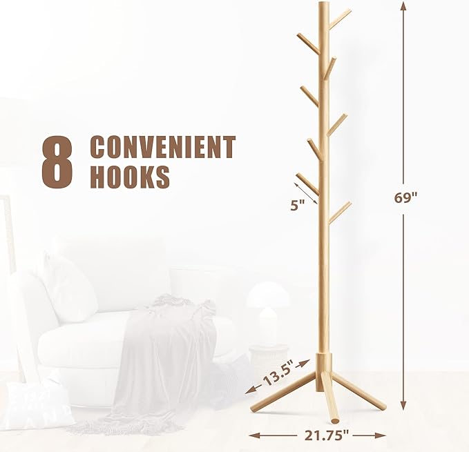 Haddockway Wooden Coat Rack Stand with 8 Hooks New Zealand Pine 3 Adjustable Coat Standing Tree Easy Assembly for Coats, Hats, Scarves and Handbags for Entryway, Hallway, Bedroom, Office-NeatNest