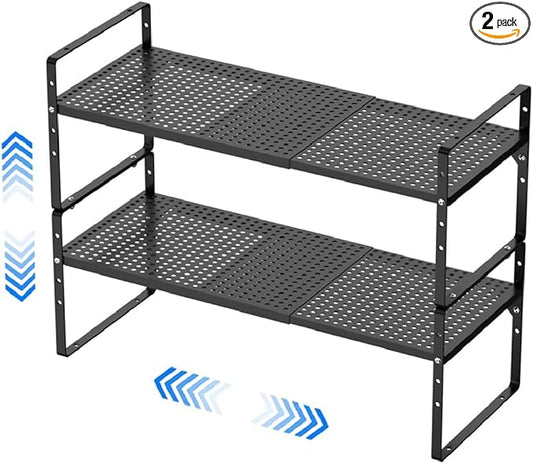 Expandable Kitchen Cabinet Shelf Organizers, Stackable Metal Pantry Storage Shelves Rack, Adjustable Counter Spice Shelf for Cabinets, Countertop, Cupboard, 2 Pack, Black-NeatNest