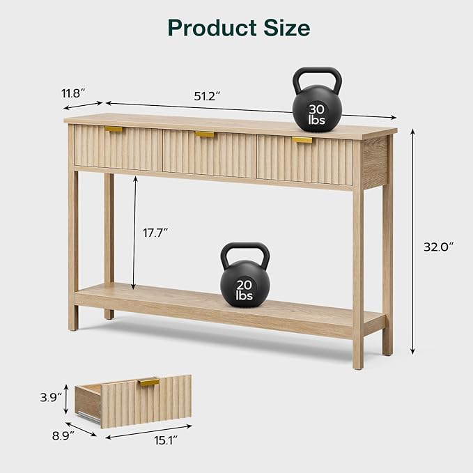 Console Table with Storage, Boho Entryway Table with 3 Fluted Drawers and Shelf, Sofa Table for Living Room, Entryway, Hallway, Natural-NeatNest